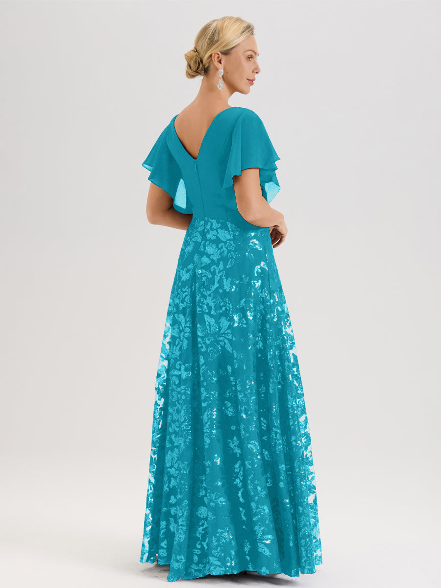 Cicinia Robe Mère De La Mariée Vert Jade Longueur Au Sol En Chiffon Et Dentelle Décolleté En V À Manches Courtes Volantées Silhouette A-Line