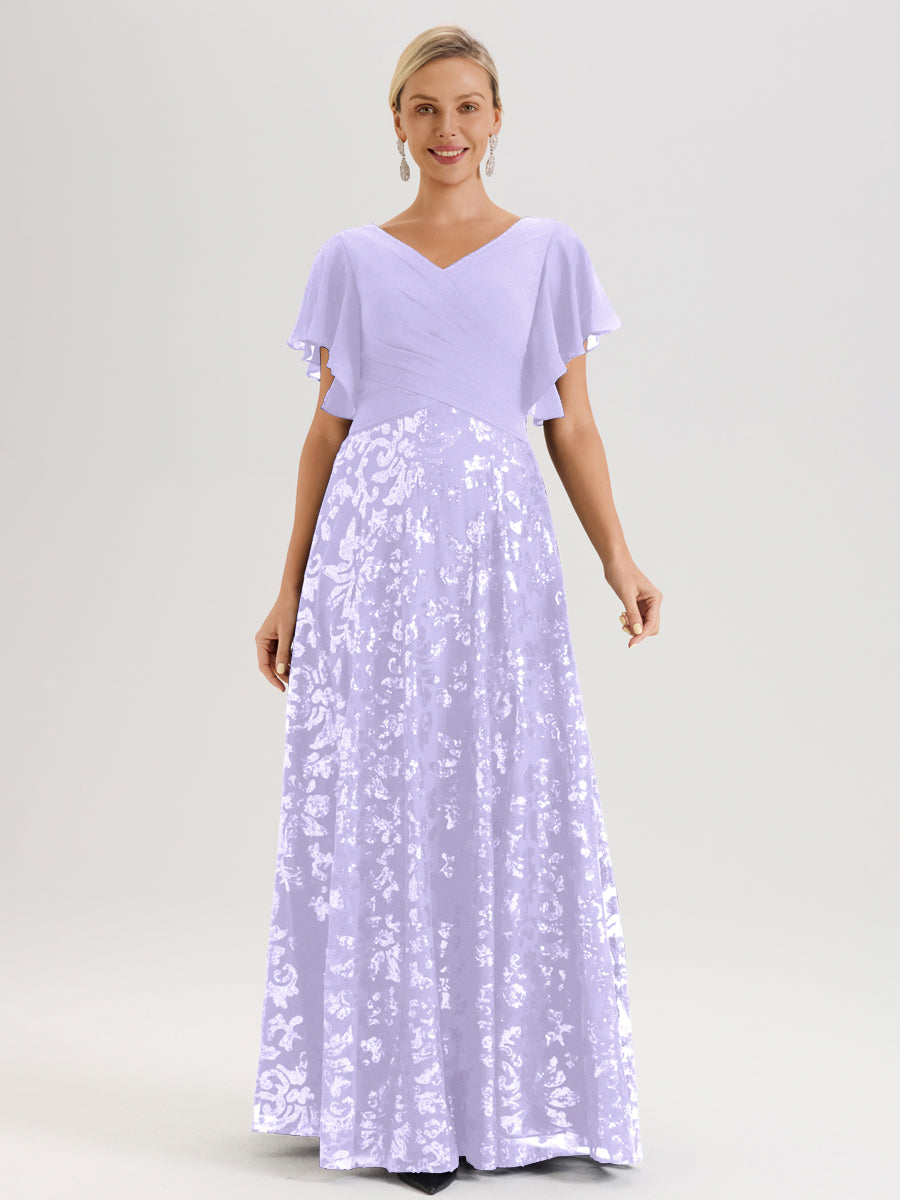 Cicinia Robe Mère De La Mariée Lilas Longueur Au Sol En Chiffon Et Dentelle Décolleté En V À Manches Courtes Volantées Silhouette A-Line