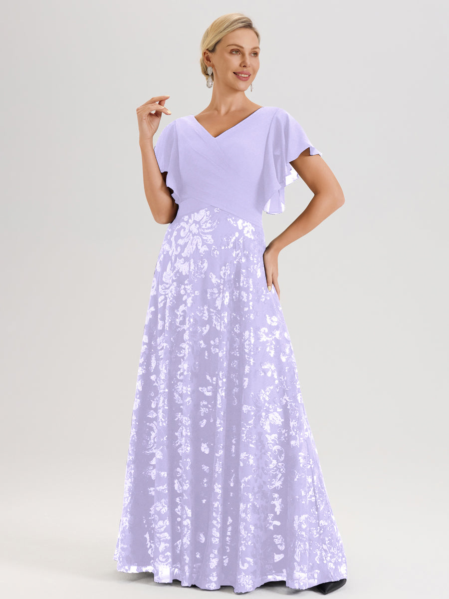 Cicinia Robe Mère De La Mariée Lilas Longueur Au Sol En Chiffon Et Dentelle Décolleté En V À Manches Courtes Volantées Silhouette A-Line