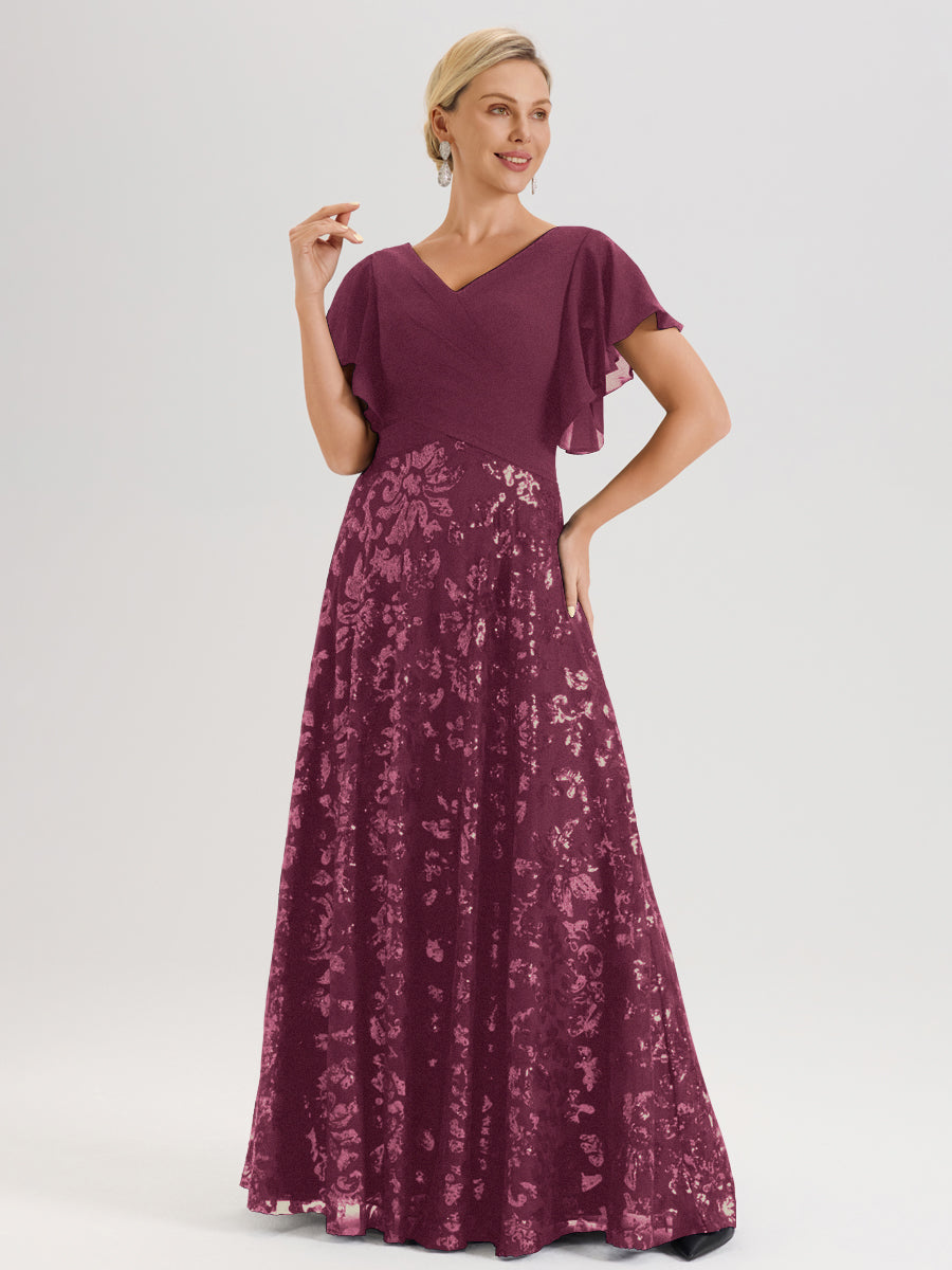 Cicinia Robe Mère De La Mariée Mûre Longueur Au Sol En Chiffon Et Dentelle Décolleté En V À Manches Courtes Volantées Silhouette A-Line