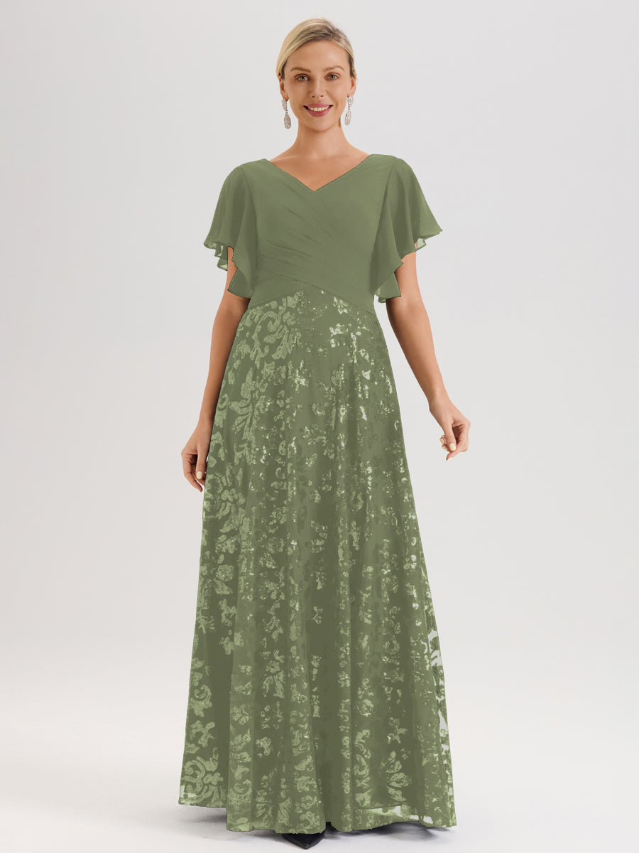 Cicinia Robe Mère De La Mariée Olive Longueur Au Sol En Chiffon Et Dentelle Décolleté En V À Manches Courtes Volantées Silhouette A-Line