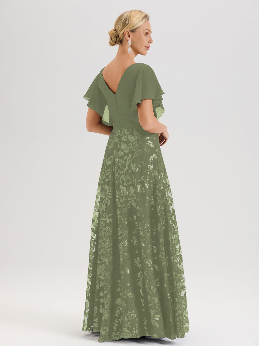 Cicinia Robe Mère De La Mariée Olive Longueur Au Sol En Chiffon Et Dentelle Décolleté En V À Manches Courtes Volantées Silhouette A-Line