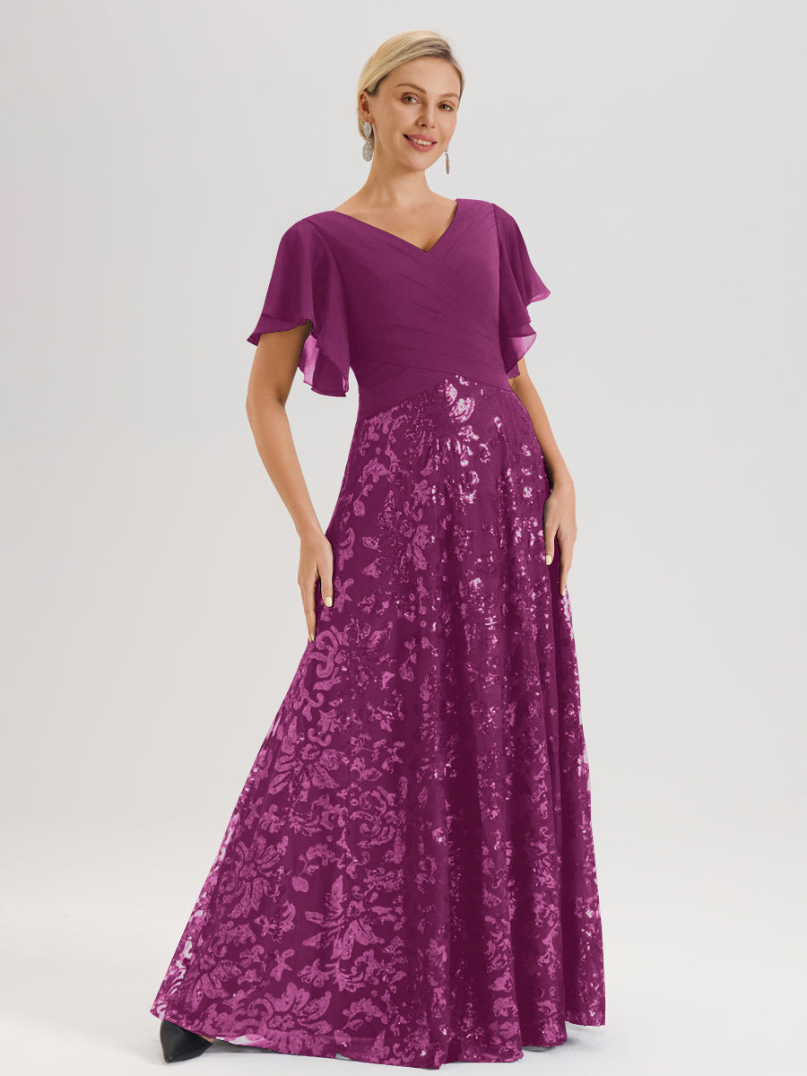 Cicinia Robe Mère De La Mariée Orchidée Longueur Au Sol En Chiffon Et Dentelle Décolleté En V À Manches Courtes Volantées Silhouette A-Line