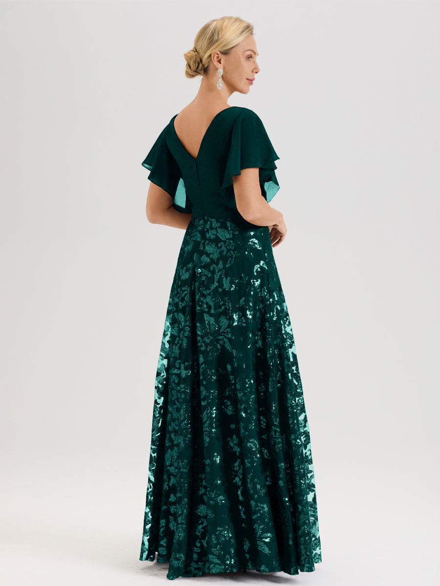 Cicinia Robe Mère De La Mariée Bleu Paon Longueur Au Sol En Chiffon Et Dentelle Décolleté En V À Manches Courtes Volantées Silhouette A-Line