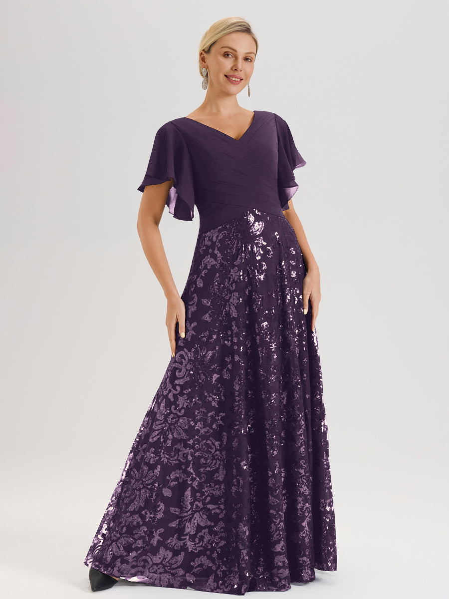 Cicinia Robe Mère De La Mariée En Plum Longueur Au Sol En Chiffon Et Dentelle Décolleté En V À Manches Courtes Volantées Silhouette A-Line