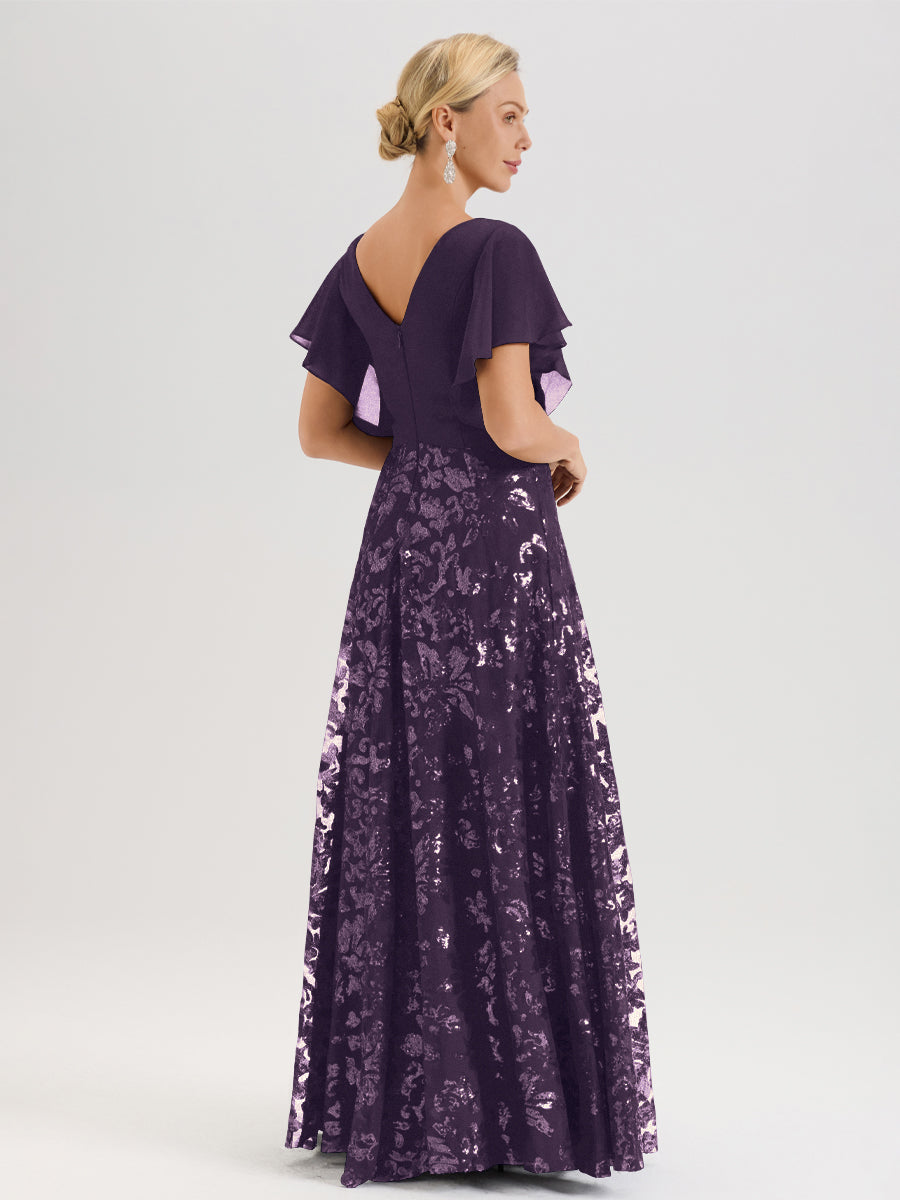 Cicinia Robe Mère De La Mariée En Plum Longueur Au Sol En Chiffon Et Dentelle Décolleté En V À Manches Courtes Volantées Silhouette A-Line