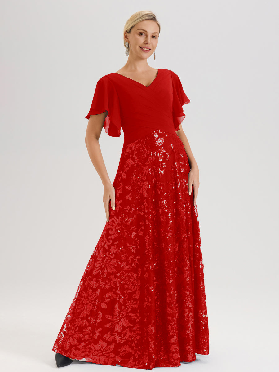 Cicinia Robe Mère De La Mariée Rouge Longueur Au Sol En Chiffon Et Dentelle Décolleté En V À Manches Courtes Volantées Silhouette A-Line