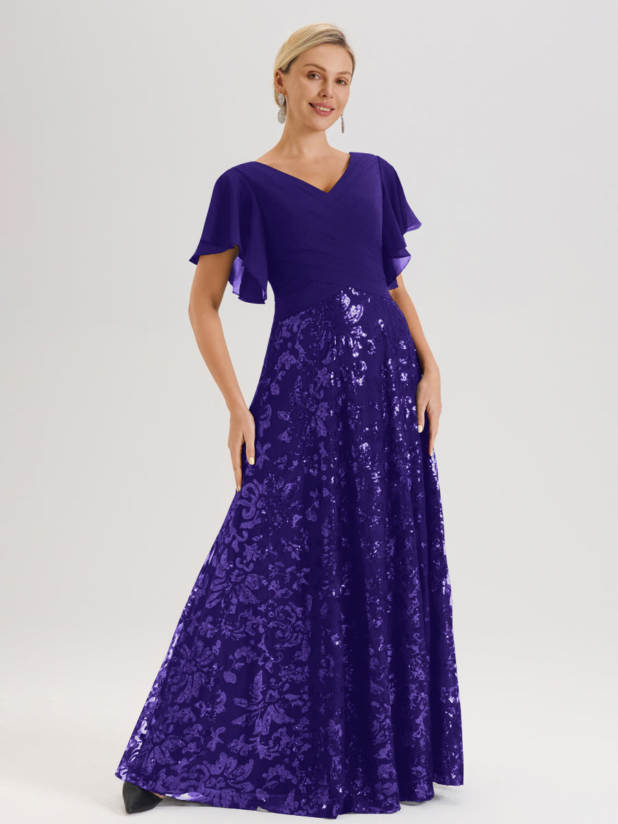 Cicinia Robe Mère De La Mariée En Régence Longueur Au Sol En Chiffon Et Dentelle Décolleté En V À Manches Courtes Volantées Silhouette A-Line
