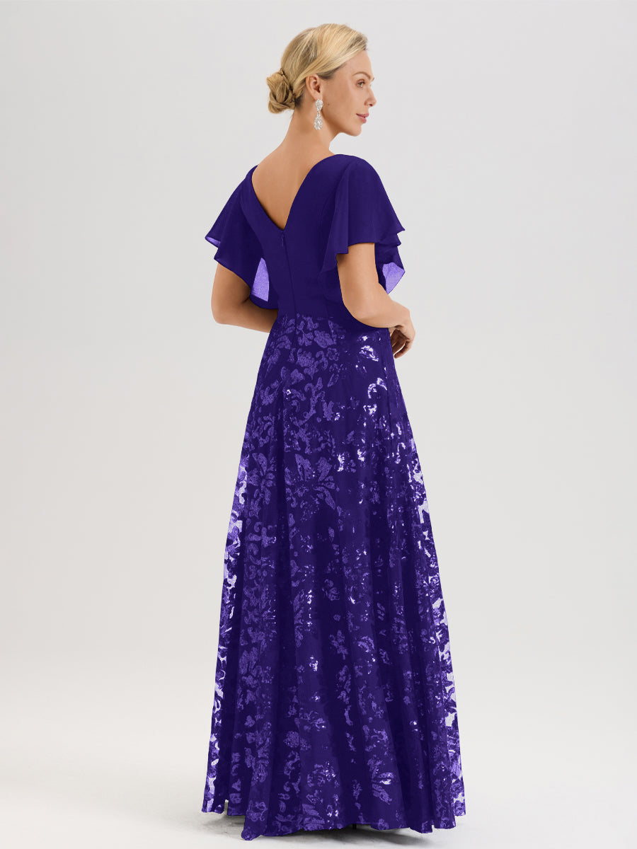 Cicinia Robe Mère De La Mariée En Régence Longueur Au Sol En Chiffon Et Dentelle Décolleté En V À Manches Courtes Volantées Silhouette A-Line