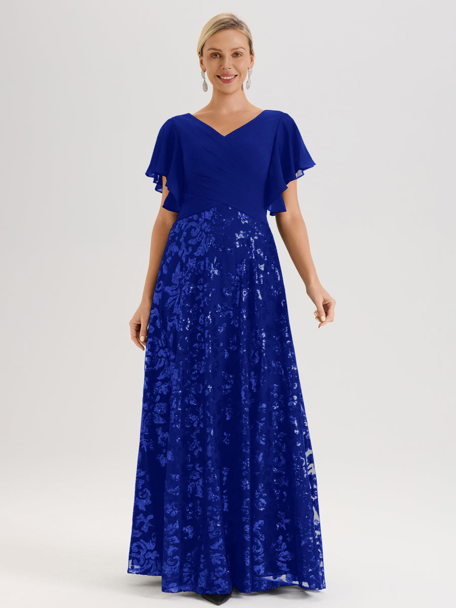 Cicinia Robe Mère De La Mariée Bleu Royal Longueur Au Sol En Chiffon Et Dentelle Décolleté En V À Manches Courtes Volantées Silhouette A-Line