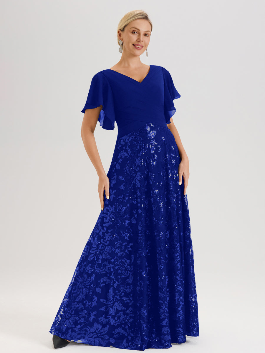 Cicinia Robe Mère De La Mariée Bleu Royal Longueur Au Sol En Chiffon Et Dentelle Décolleté En V À Manches Courtes Volantées Silhouette A-Line