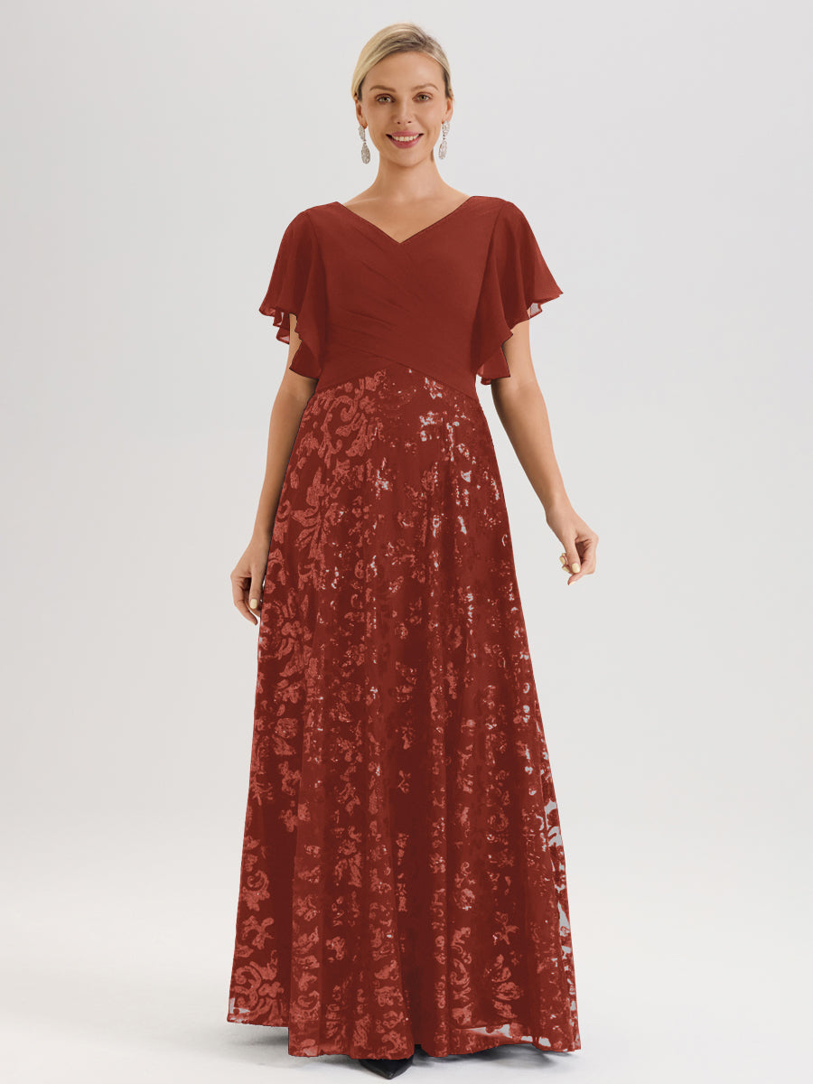 Cicinia Robe Mère De La Mariée Couleur Rouille Longueur Au Sol En Chiffon Et Dentelle Décolleté En V À Manches Courtes Volantées Silhouette A-Line