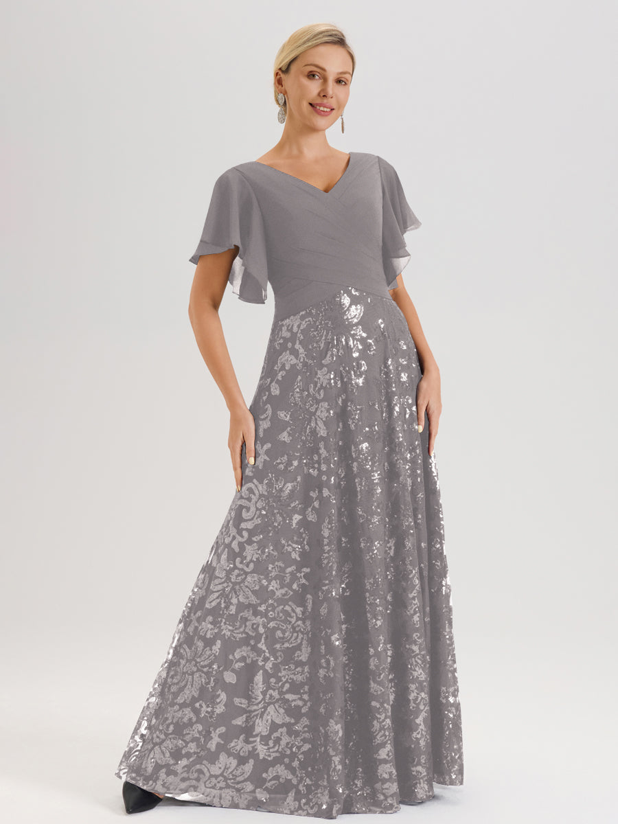 Cicinia Robe Mère De La Mariée Argenté Longueur Au Sol En Chiffon Et Dentelle Décolleté En V À Manches Courtes Volantées Silhouette A-Line