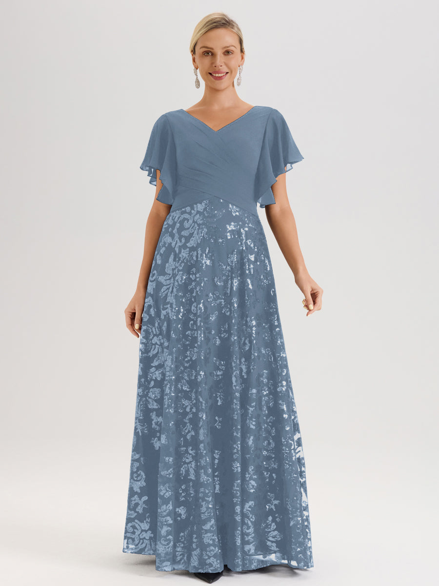 Cicinia Robe Mère De La Mariée Bleu De Schiste Longueur Au Sol En Chiffon Et Dentelle Décolleté En V À Manches Courtes Volantées Silhouette A-Line
