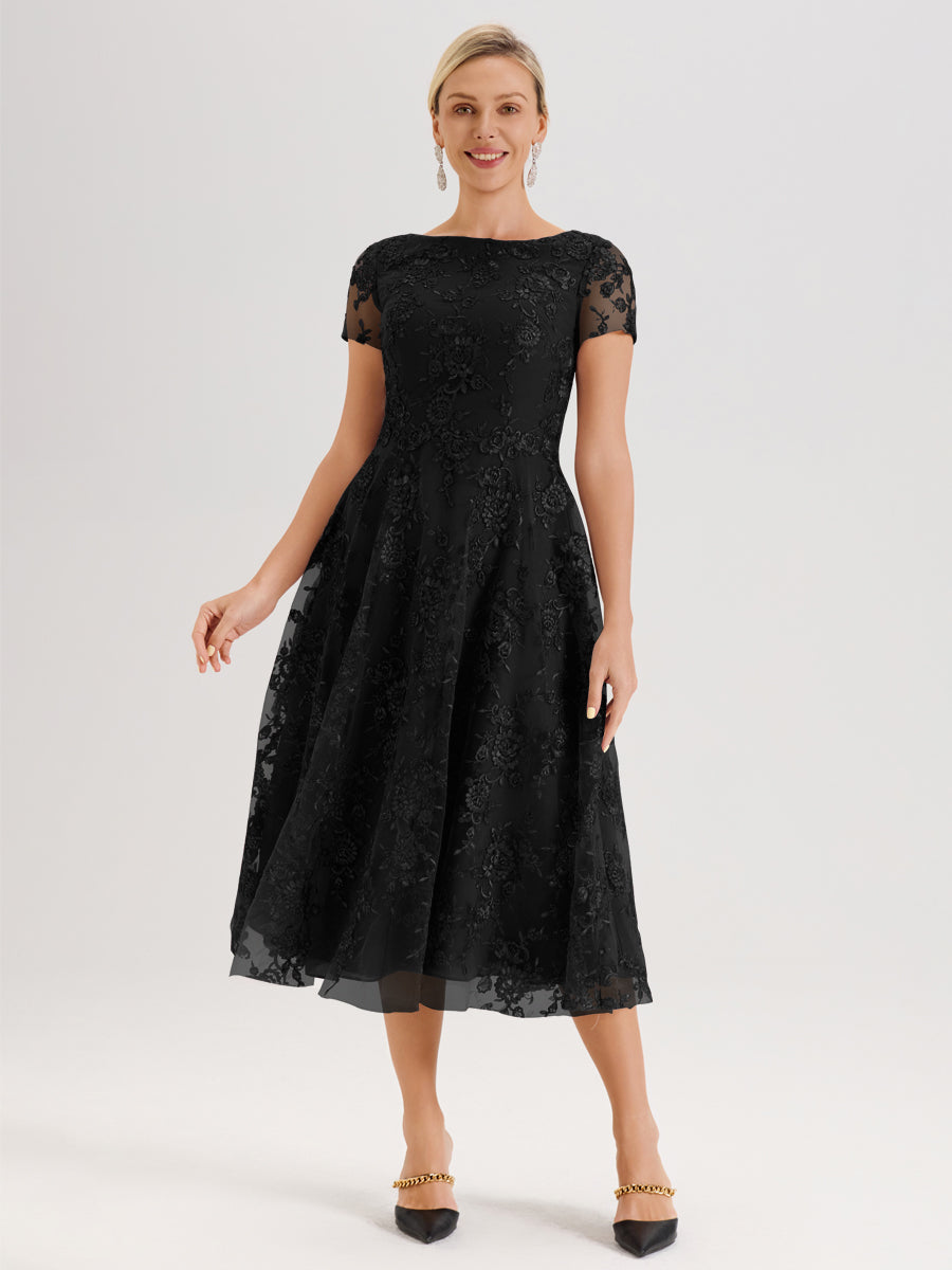 Cicinia Noir Robe Mère De La Mariée Col Ras Du Cou Manches Courtes En Mousseline Et Dentelle Longueur Mi-Mollet