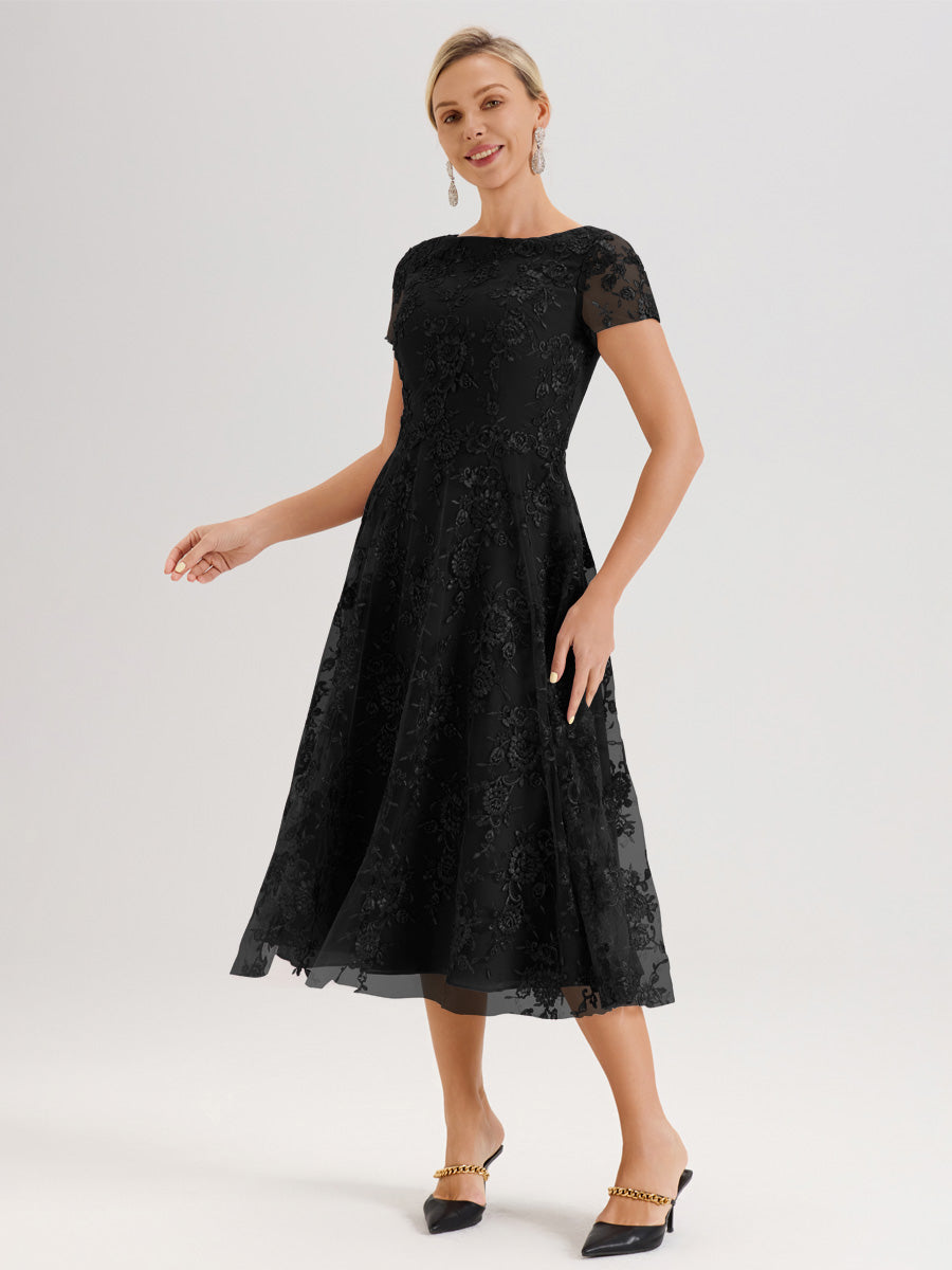 Cicinia Noir Robe Mère De La Mariée Col Ras Du Cou Manches Courtes En Mousseline Et Dentelle Longueur Mi-Mollet