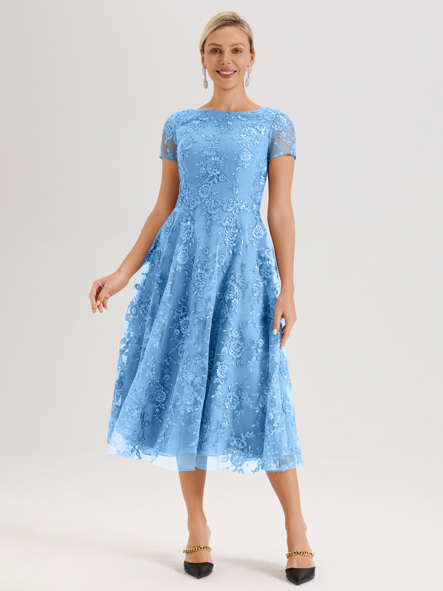 Cicinia Bleu Robe Mère De La Mariée Col Ras Du Cou Manches Courtes En Mousseline Et Dentelle Longueur Mi-Mollet