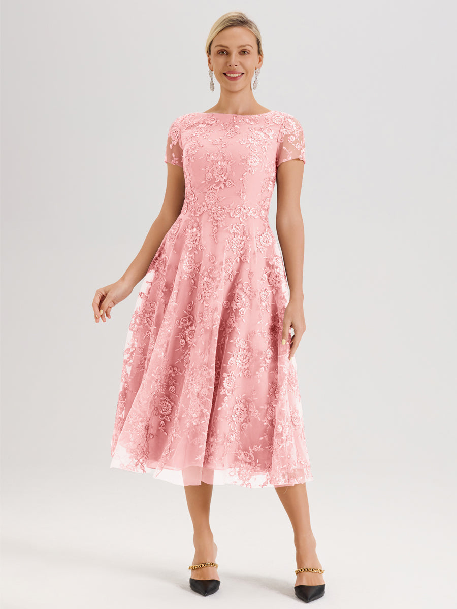 Cicinia Rose Robe Mère De La Mariée Col Ras Du Cou Manches Courtes En Mousseline Et Dentelle Longueur Mi-Mollet