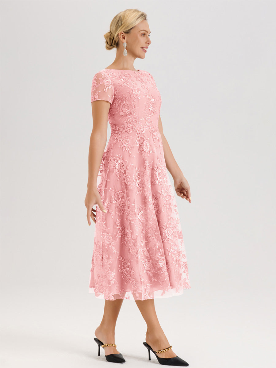 Cicinia Rose Robe Mère De La Mariée Col Ras Du Cou Manches Courtes En Mousseline Et Dentelle Longueur Mi-Mollet