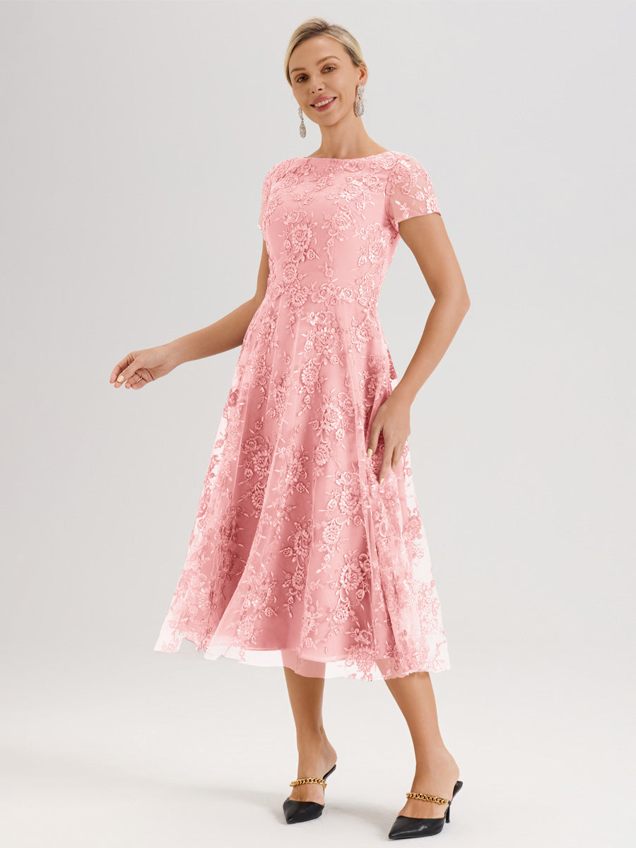 Cicinia Rose Robe Mère De La Mariée Col Ras Du Cou Manches Courtes En Mousseline Et Dentelle Longueur Mi-Mollet