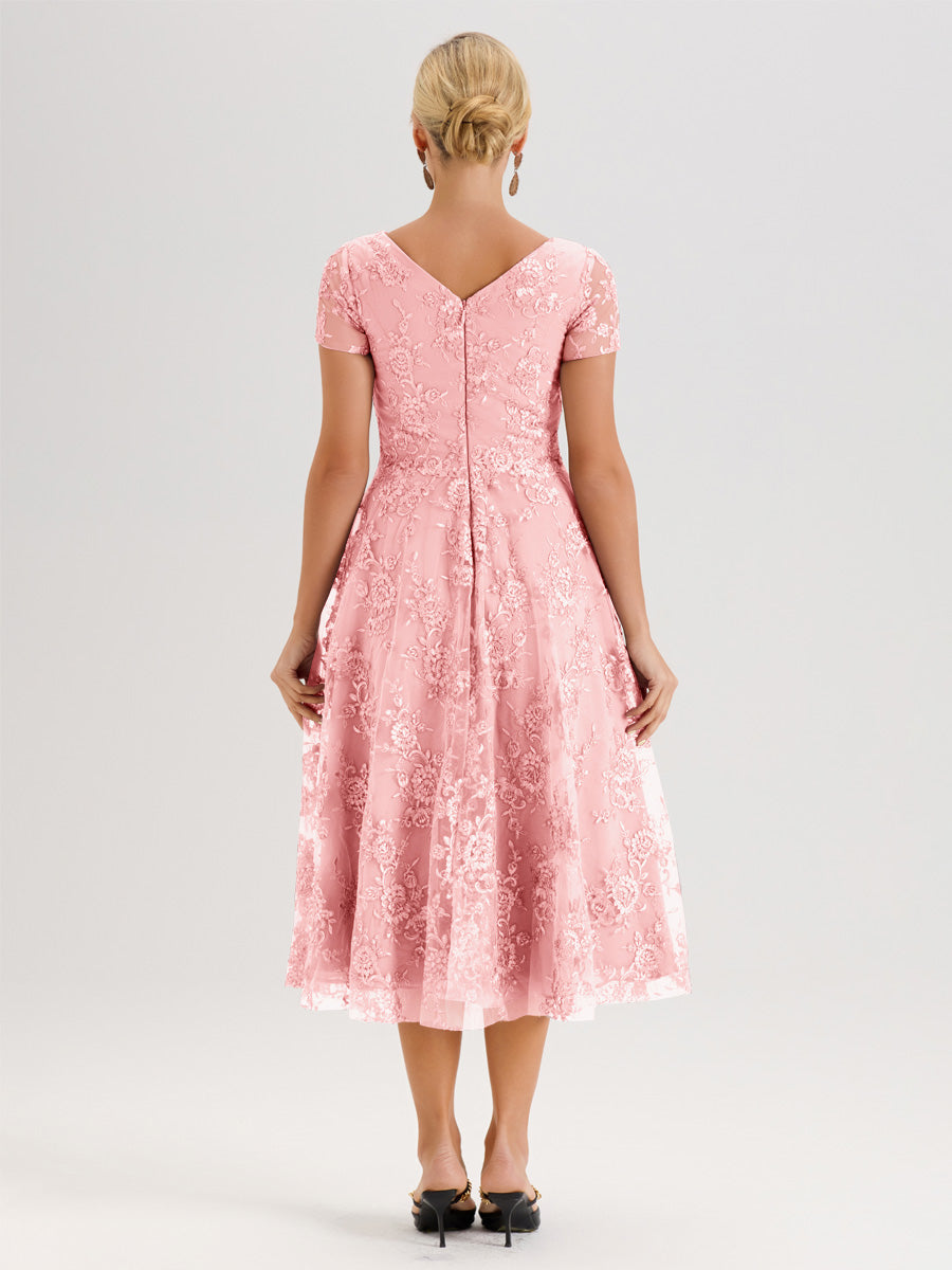 Cicinia Rose Robe Mère De La Mariée Col Ras Du Cou Manches Courtes En Mousseline Et Dentelle Longueur Mi-Mollet