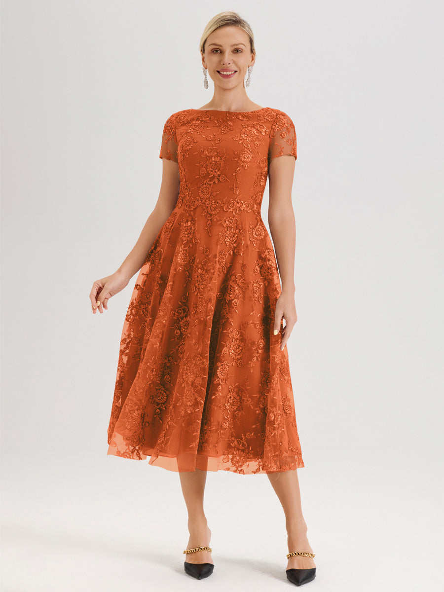 Cicinia Orange Brûlé Robe Mère De La Mariée Col Ras Du Cou Manches Courtes En Mousseline Et Dentelle Longueur Mi-Mollet