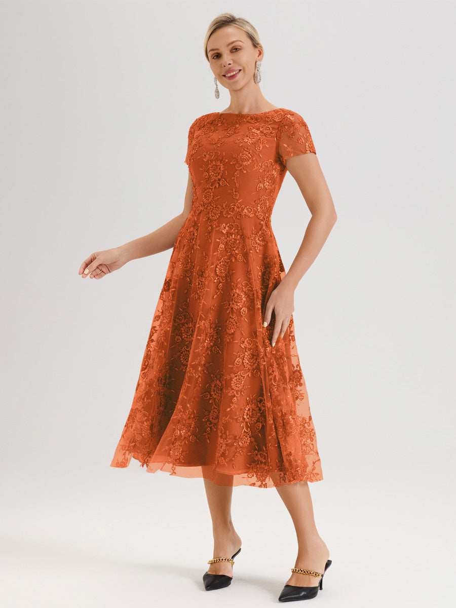 Cicinia Orange Brûlé Robe Mère De La Mariée Col Ras Du Cou Manches Courtes En Mousseline Et Dentelle Longueur Mi-Mollet