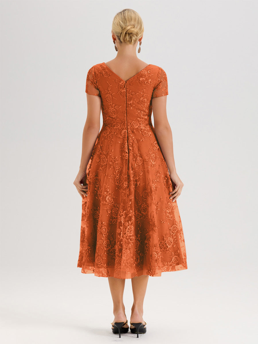Cicinia Orange Brûlé Robe Mère De La Mariée Col Ras Du Cou Manches Courtes En Mousseline Et Dentelle Longueur Mi-Mollet