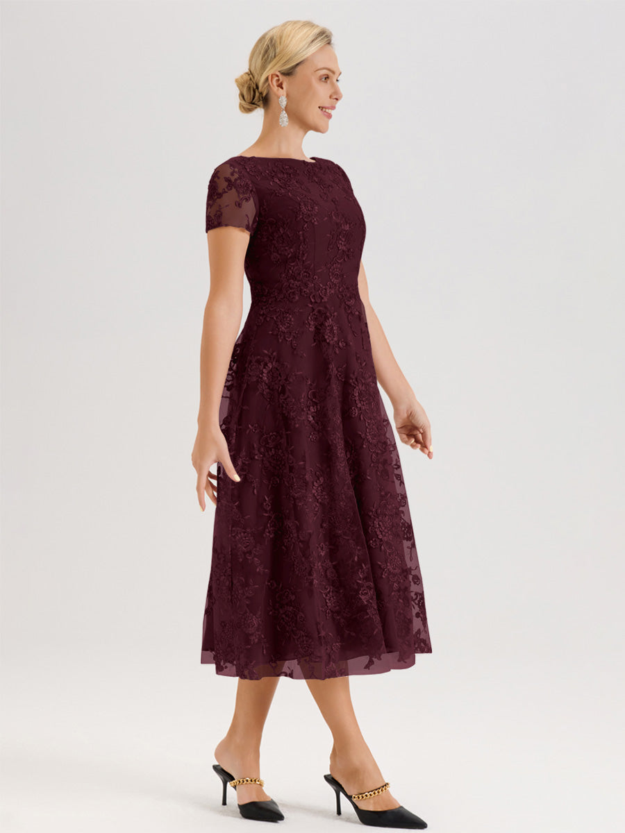 Cicinia Cabernet Robe Mère De La Mariée Col Ras Du Cou Manches Courtes En Mousseline Et Dentelle Longueur Mi-Mollet