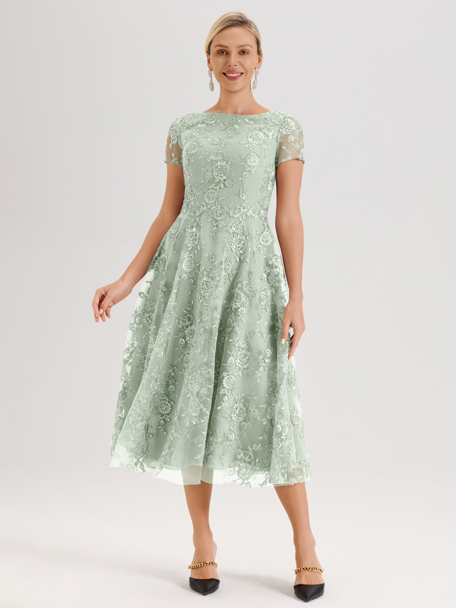 Cicinia Celadon Robe Mère De La Mariée Col Ras Du Cou Manches Courtes En Mousseline Et Dentelle Longueur Mi-Mollet