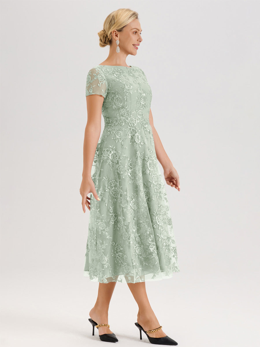 Cicinia Celadon Robe Mère De La Mariée Col Ras Du Cou Manches Courtes En Mousseline Et Dentelle Longueur Mi-Mollet