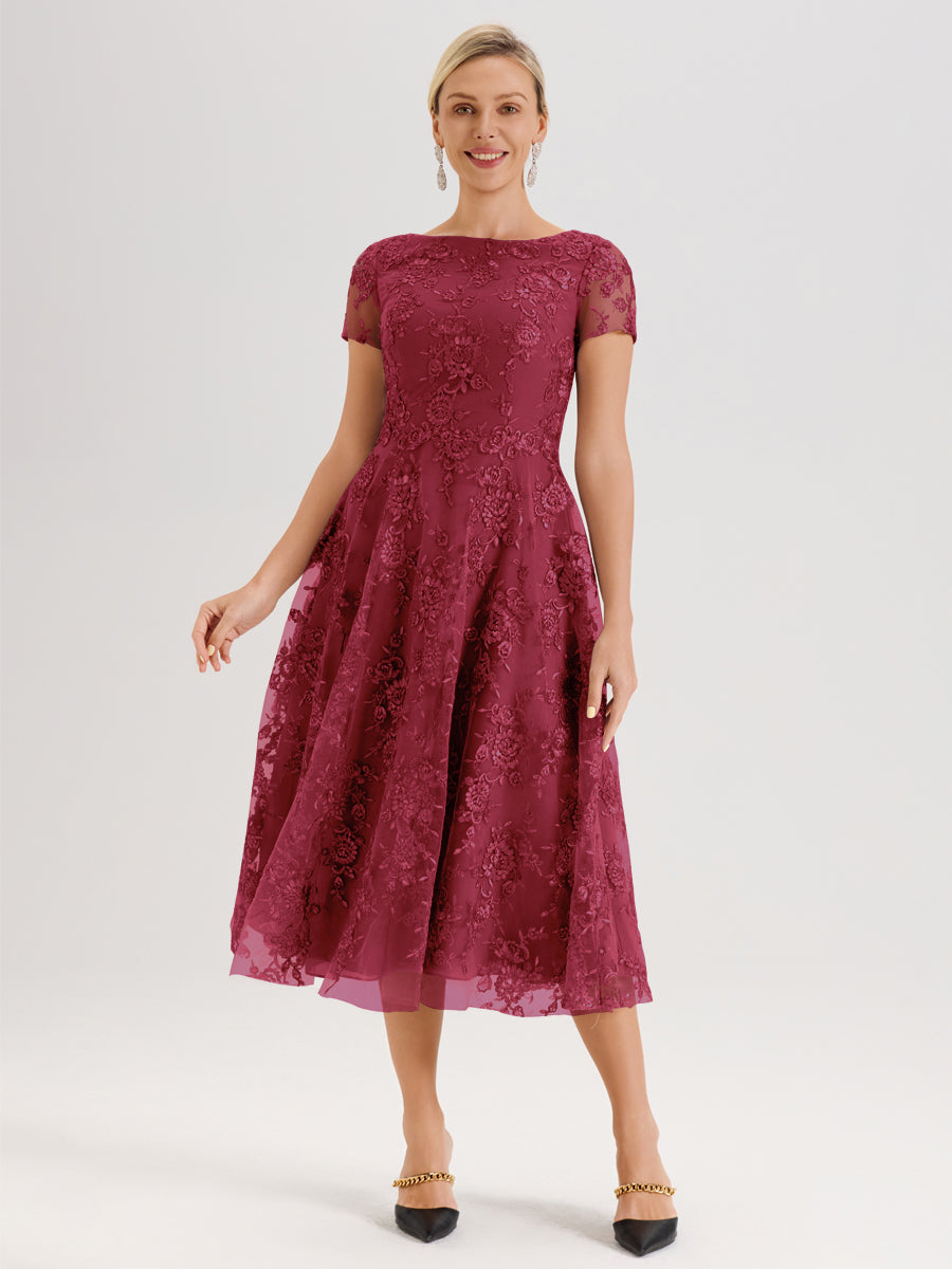 Cicinia Rose Cannelle Robe Mère De La Mariée Col Ras Du Cou Manches Courtes En Mousseline Et Dentelle Longueur Mi-Mollet