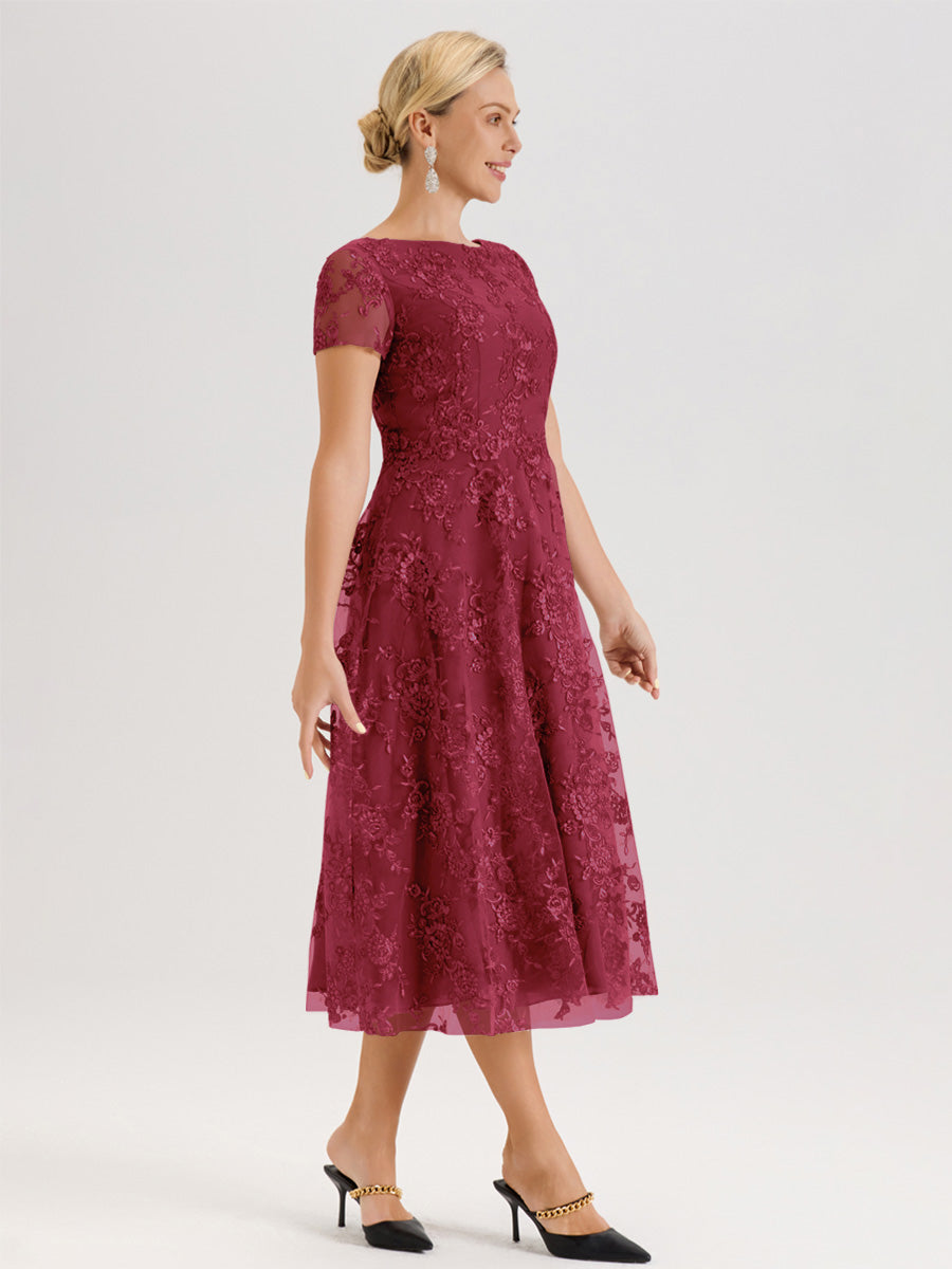 Cicinia Rose Cannelle Robe Mère De La Mariée Col Ras Du Cou Manches Courtes En Mousseline Et Dentelle Longueur Mi-Mollet