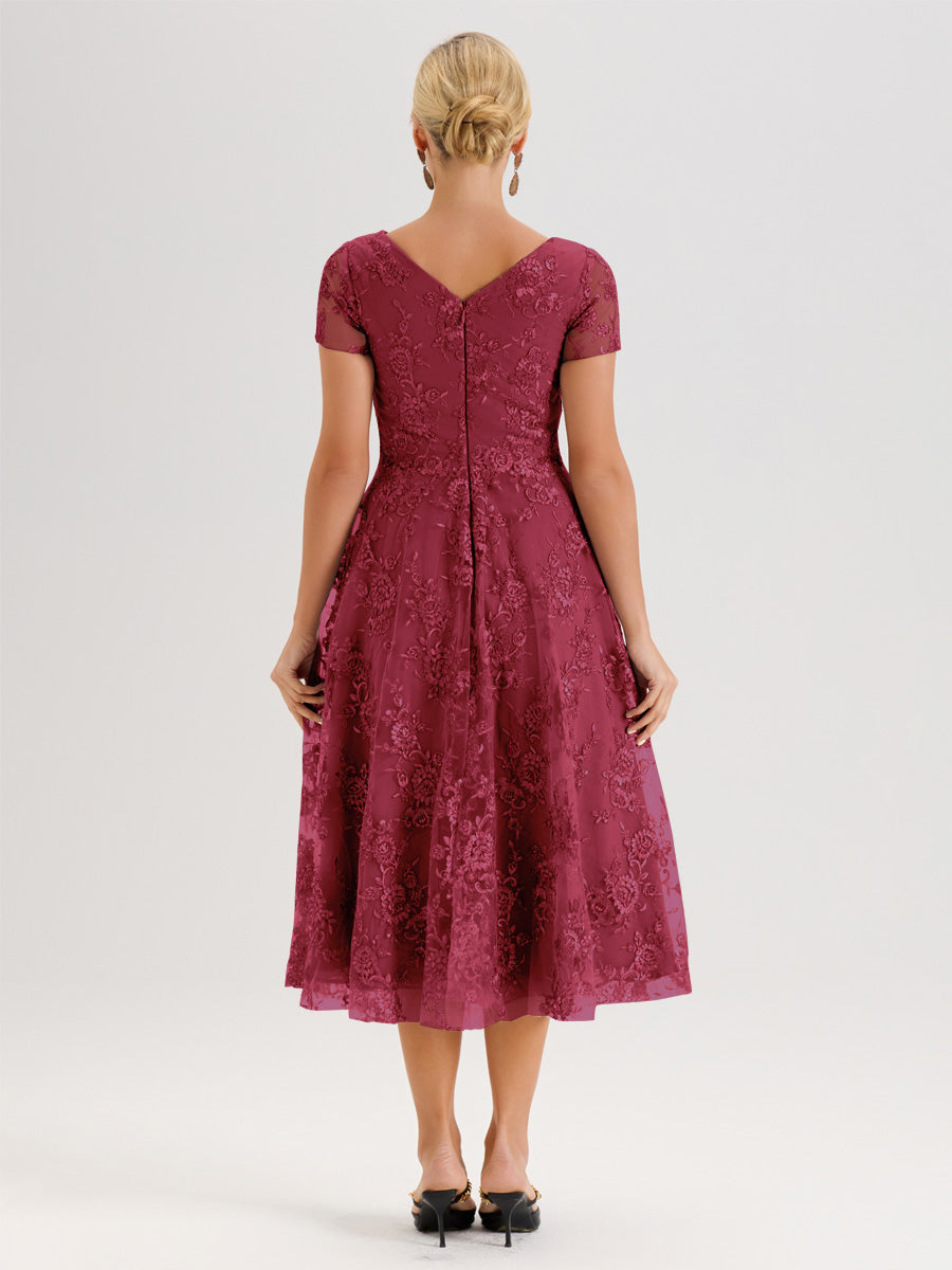 Cicinia Rose Cannelle Robe Mère De La Mariée Col Ras Du Cou Manches Courtes En Mousseline Et Dentelle Longueur Mi-Mollet