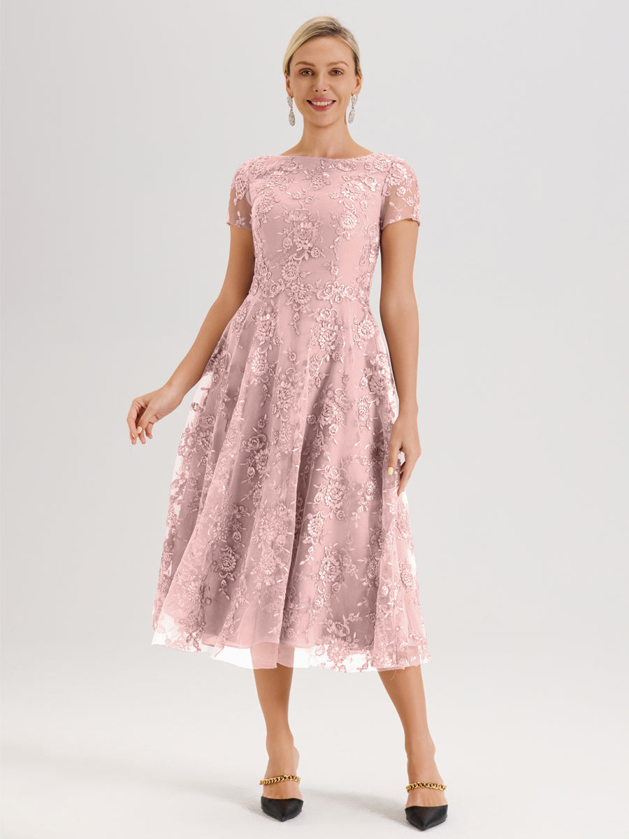 Cicinia Rose Poudré Robe Mère De La Mariée Col Ras Du Cou Manches Courtes En Mousseline Et Dentelle Longueur Mi-Mollet