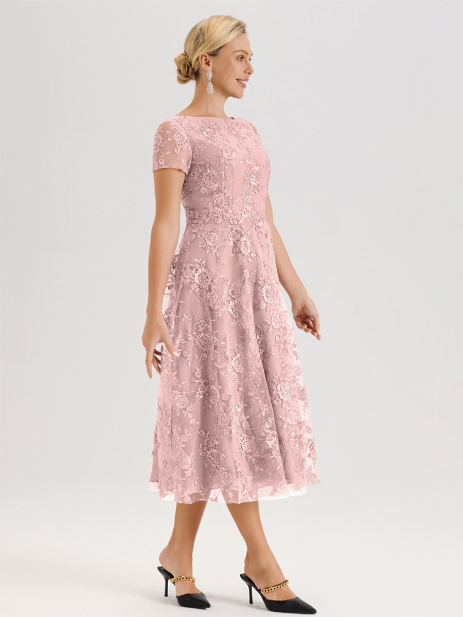 Cicinia Rose Poudré Robe Mère De La Mariée Col Ras Du Cou Manches Courtes En Mousseline Et Dentelle Longueur Mi-Mollet