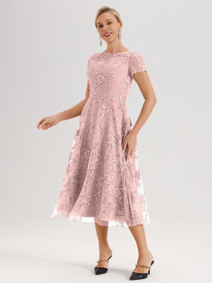 Cicinia Rose Poudré Robe Mère De La Mariée Col Ras Du Cou Manches Courtes En Mousseline Et Dentelle Longueur Mi-Mollet