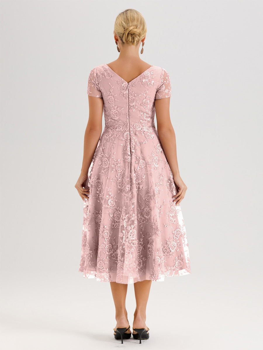 Cicinia Rose Poudré Robe Mère De La Mariée Col Ras Du Cou Manches Courtes En Mousseline Et Dentelle Longueur Mi-Mollet