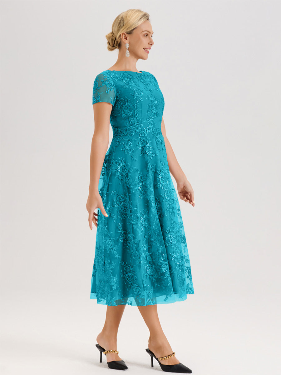 Cicinia Jade Robe Mère De La Mariée Col Ras Du Cou Manches Courtes En Mousseline Et Dentelle Longueur Mi-Mollet