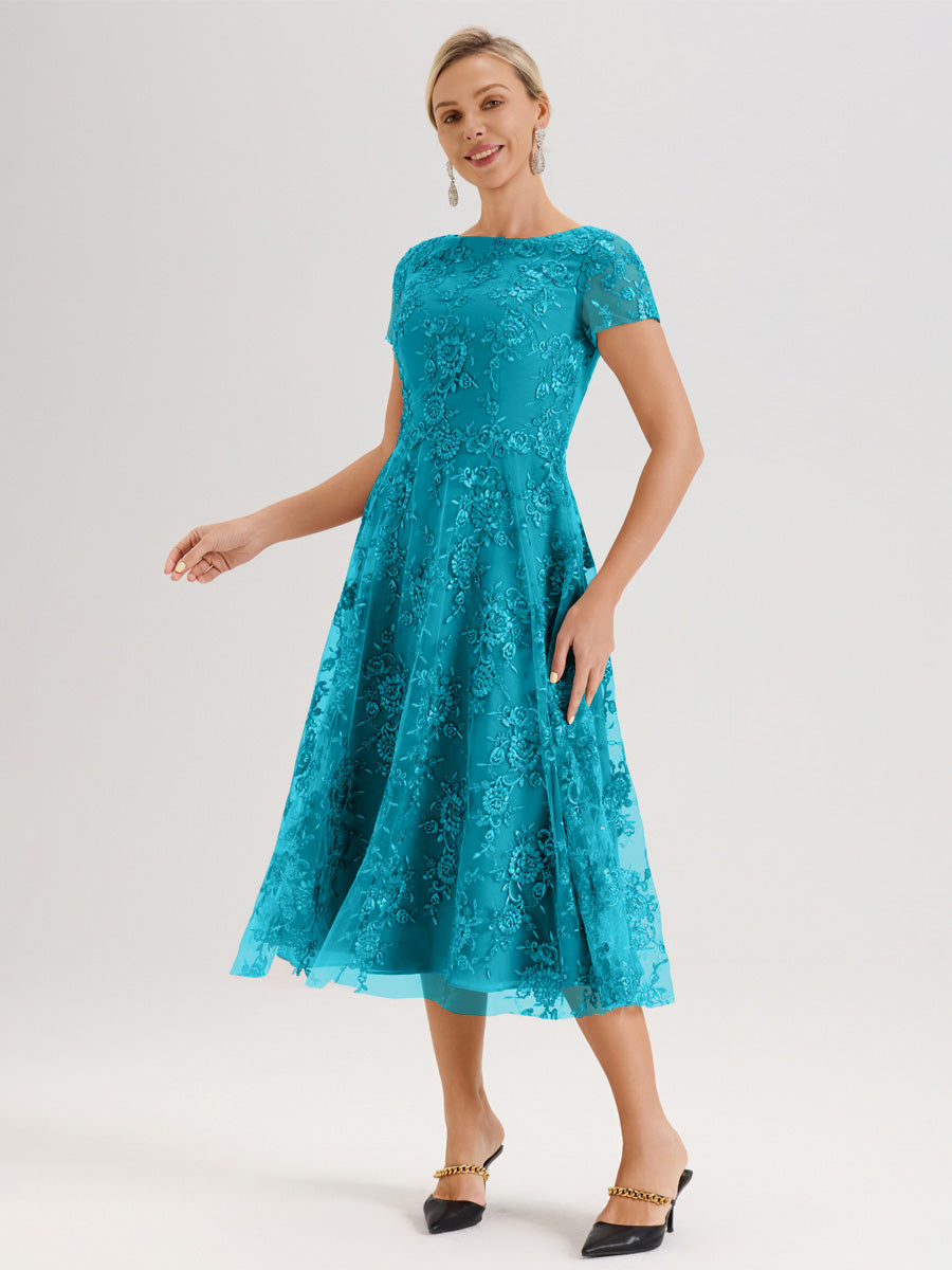 Cicinia Jade Robe Mère De La Mariée Col Ras Du Cou Manches Courtes En Mousseline Et Dentelle Longueur Mi-Mollet