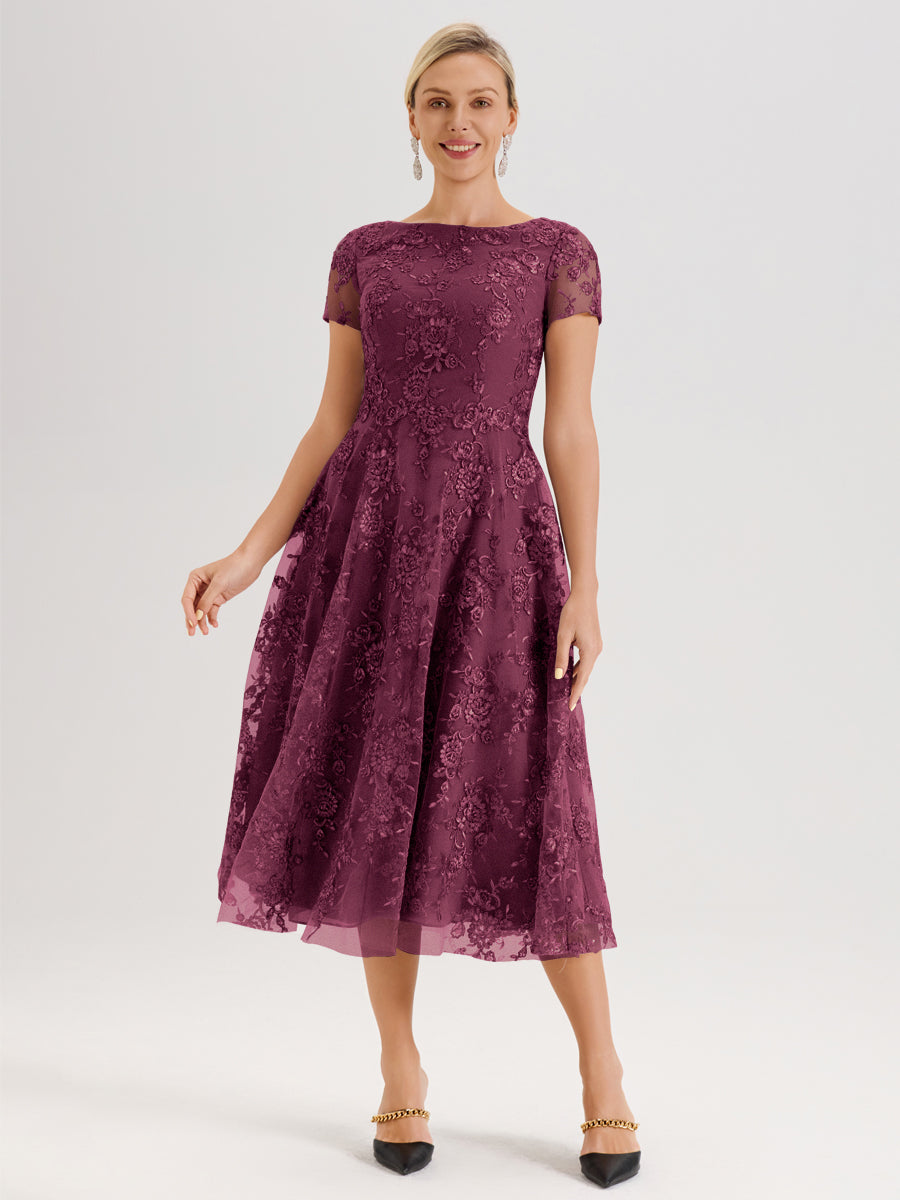 Cicinia Mûre Robe Mère De La Mariée Col Ras Du Cou Manches Courtes En Mousseline Et Dentelle Longueur Mi-Mollet