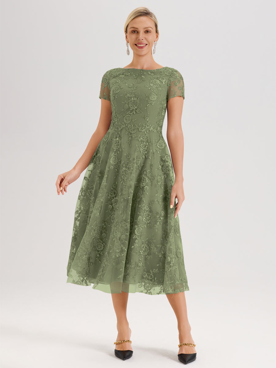 Cicinia Vert Olive Robe Mère De La Mariée Col Ras Du Cou Manches Courtes En Mousseline Et Dentelle Longueur Mi-Mollet
