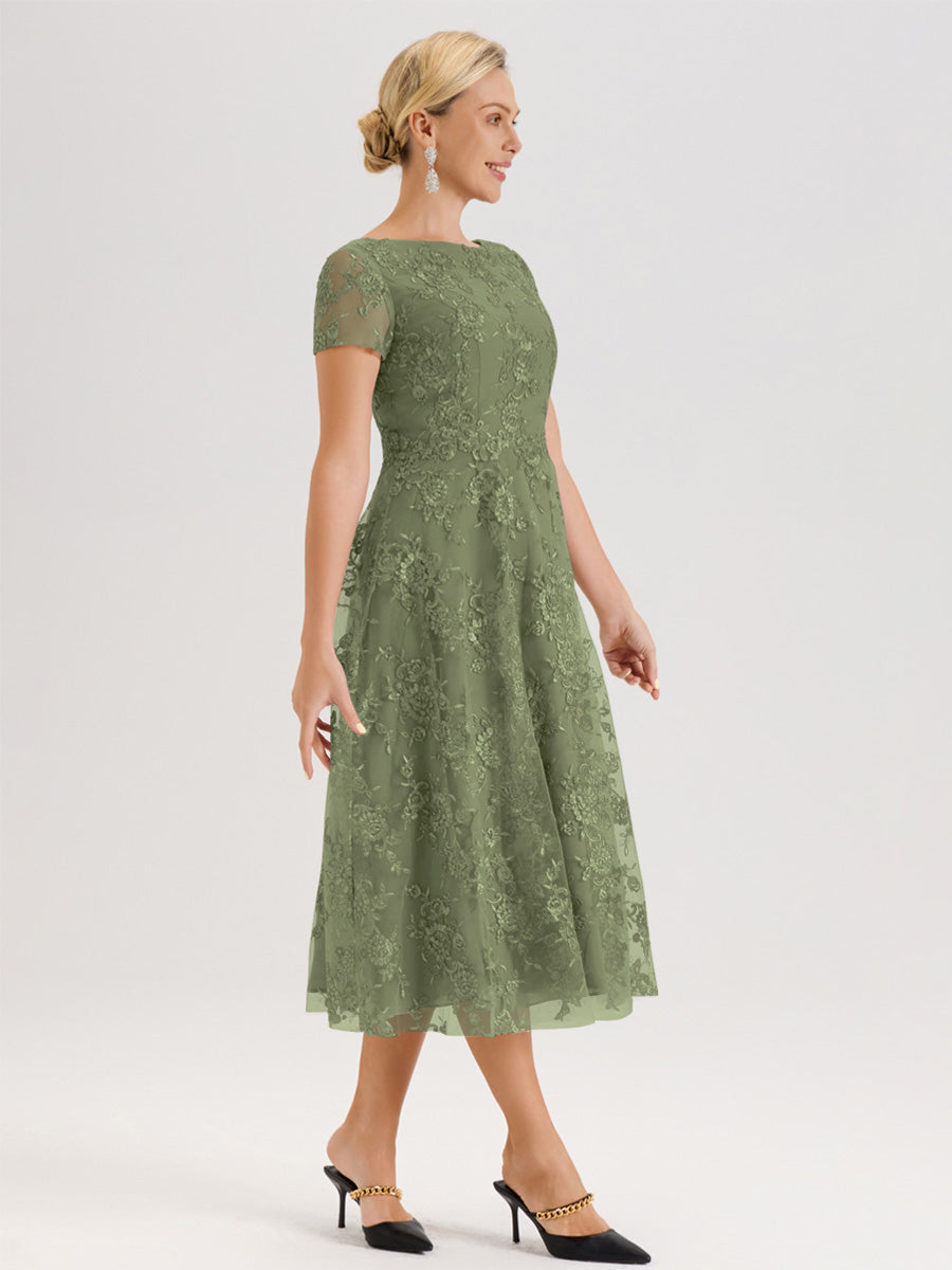 Cicinia Vert Olive Robe Mère De La Mariée Col Ras Du Cou Manches Courtes En Mousseline Et Dentelle Longueur Mi-Mollet
