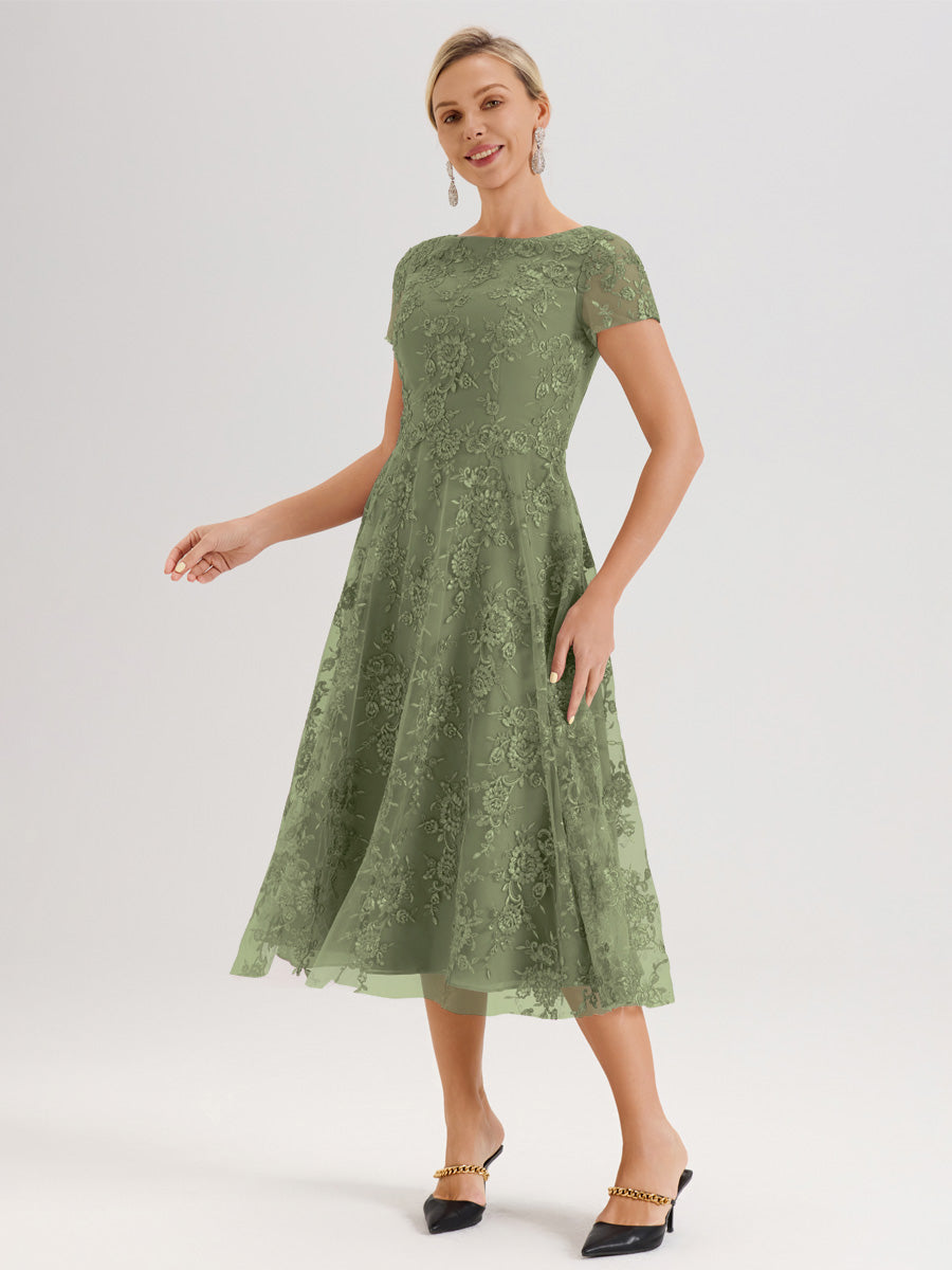 Cicinia Vert Olive Robe Mère De La Mariée Col Ras Du Cou Manches Courtes En Mousseline Et Dentelle Longueur Mi-Mollet