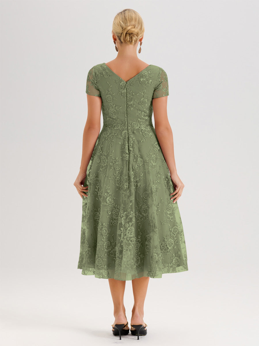 Cicinia Vert Olive Robe Mère De La Mariée Col Ras Du Cou Manches Courtes En Mousseline Et Dentelle Longueur Mi-Mollet