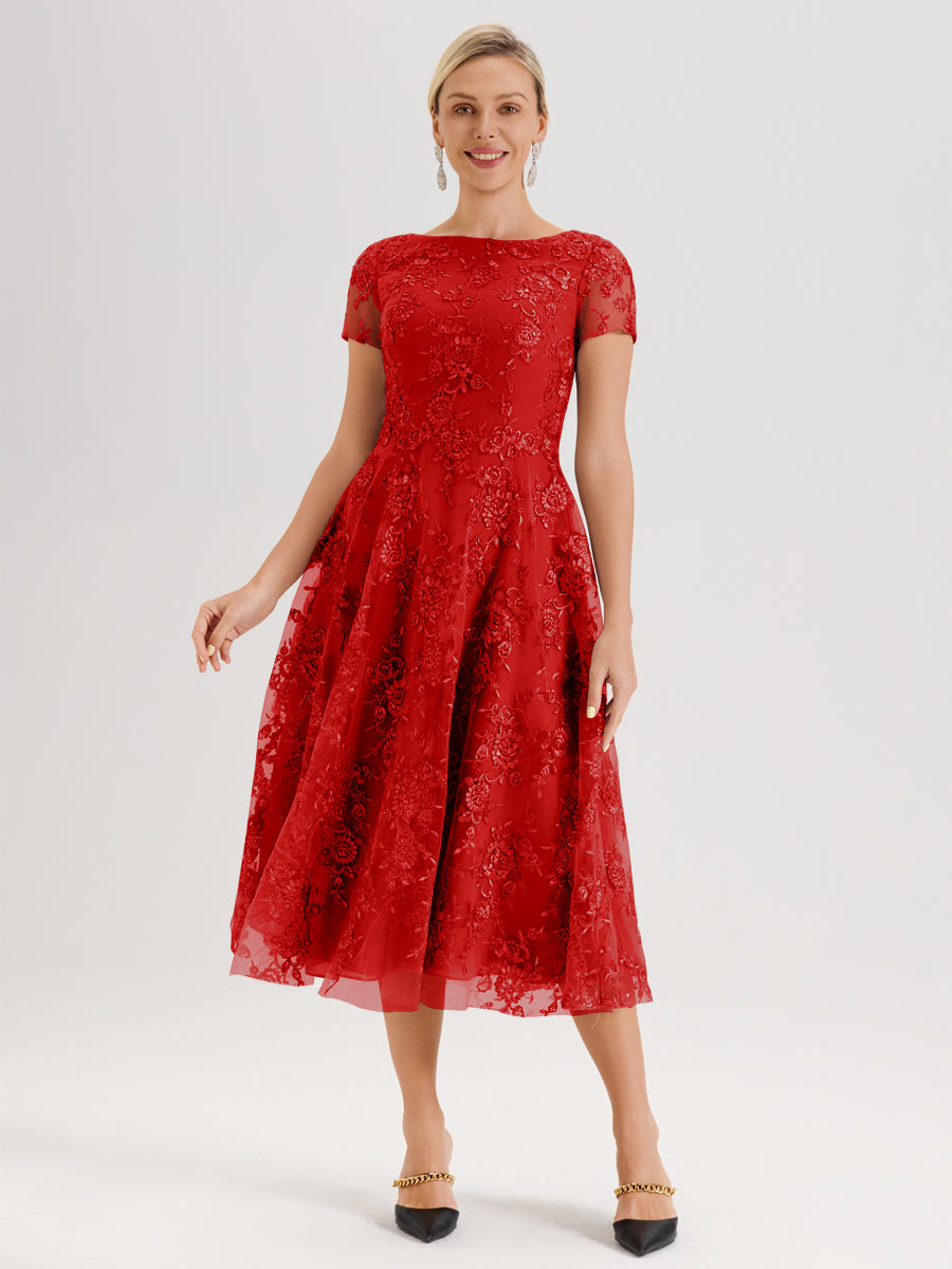 Cicinia Rouge Robe Mère De La Mariée Col Ras Du Cou Manches Courtes En Mousseline Et Dentelle Longueur Mi-Mollet