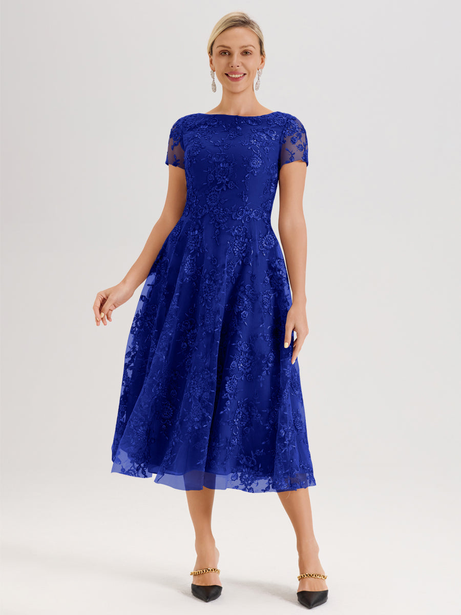 Cicinia Bleu Royale Robe Mère De La Mariée Col Ras Du Cou Manches Courtes En Mousseline Et Dentelle Longueur Mi-Mollet