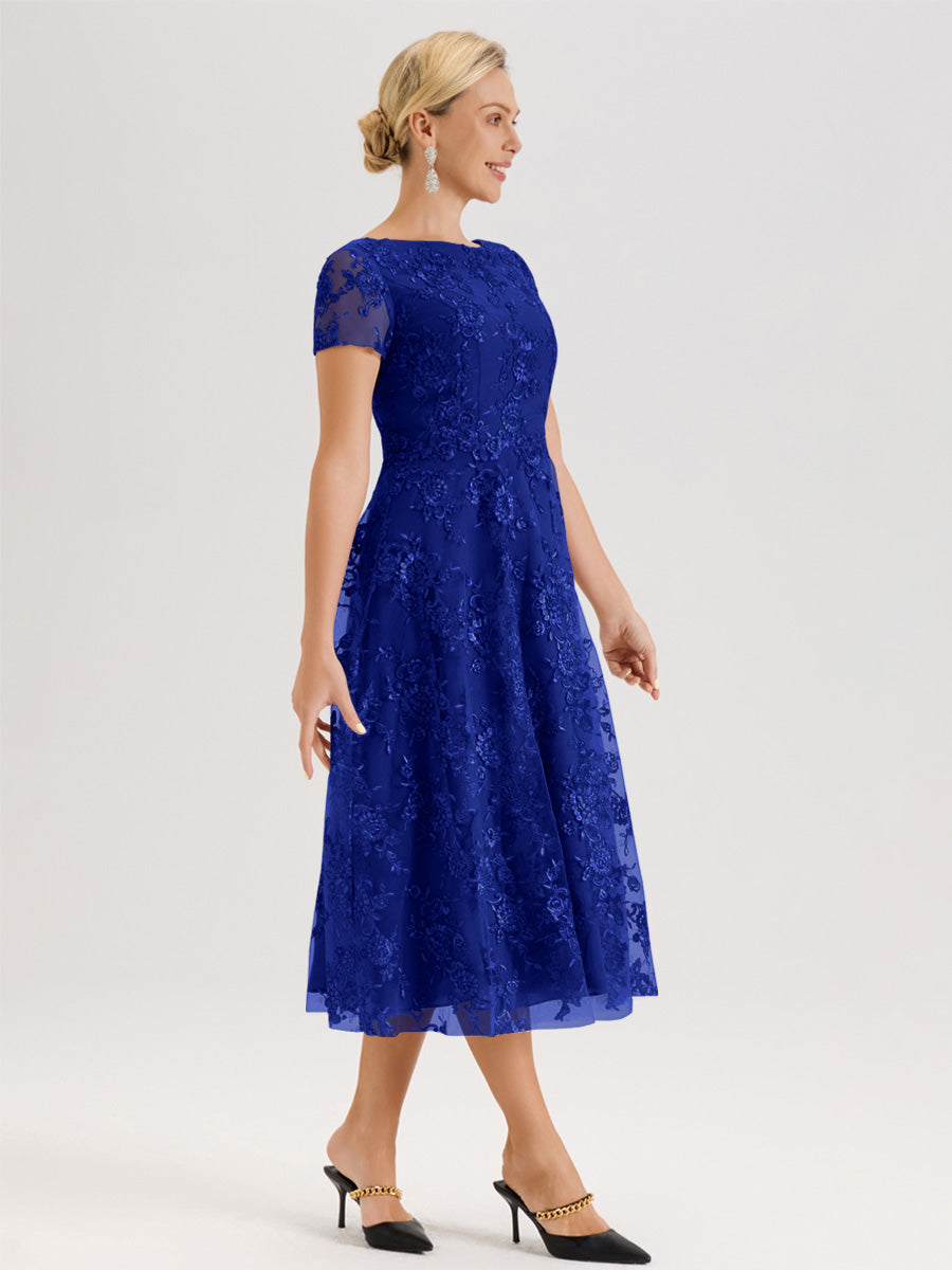 Cicinia Bleu Royale Robe Mère De La Mariée Col Ras Du Cou Manches Courtes En Mousseline Et Dentelle Longueur Mi-Mollet