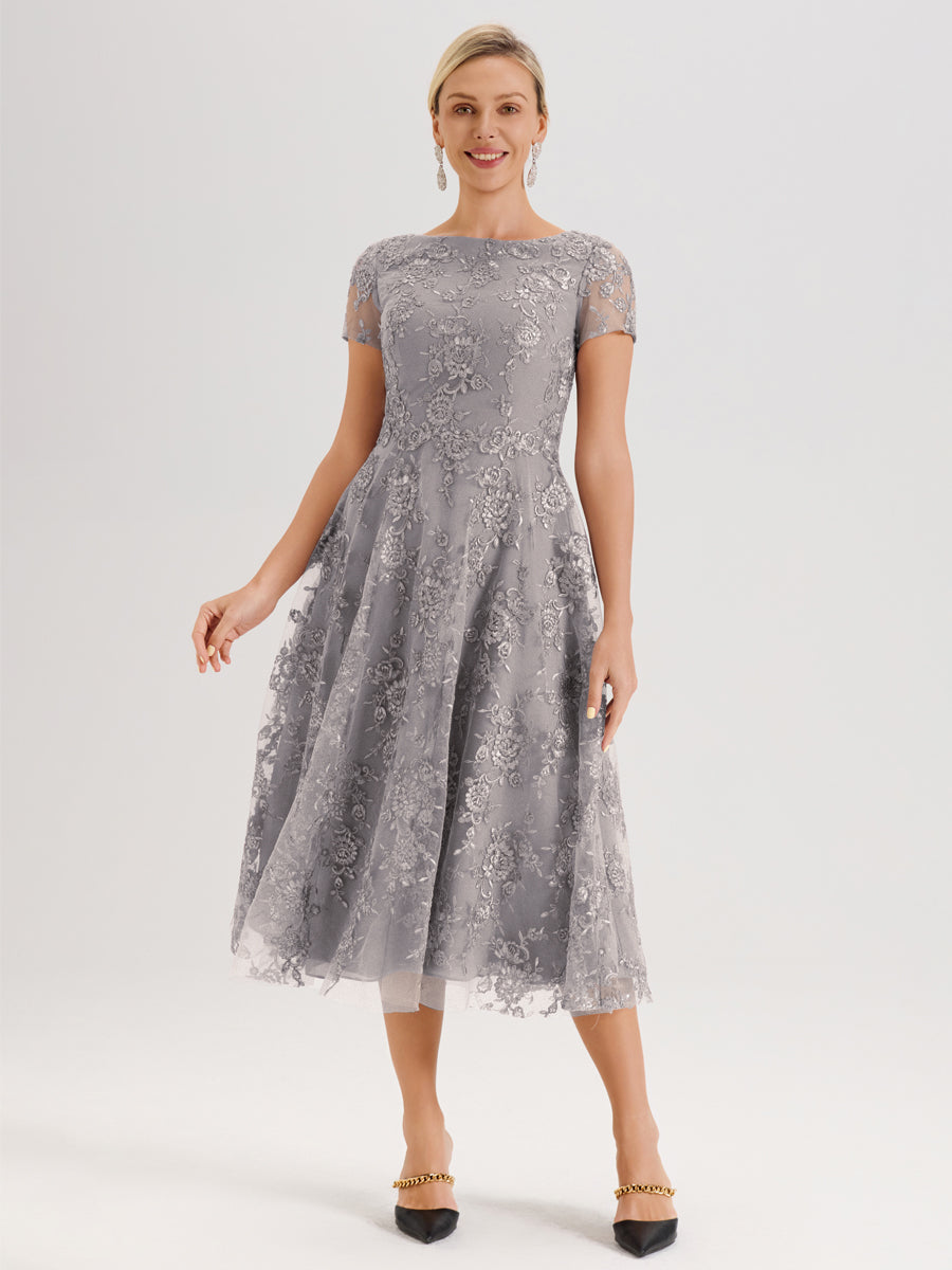 Cicinia Argent Robe Mère De La Mariée Col Ras Du Cou Manches Courtes En Mousseline Et Dentelle Longueur Mi-Mollet