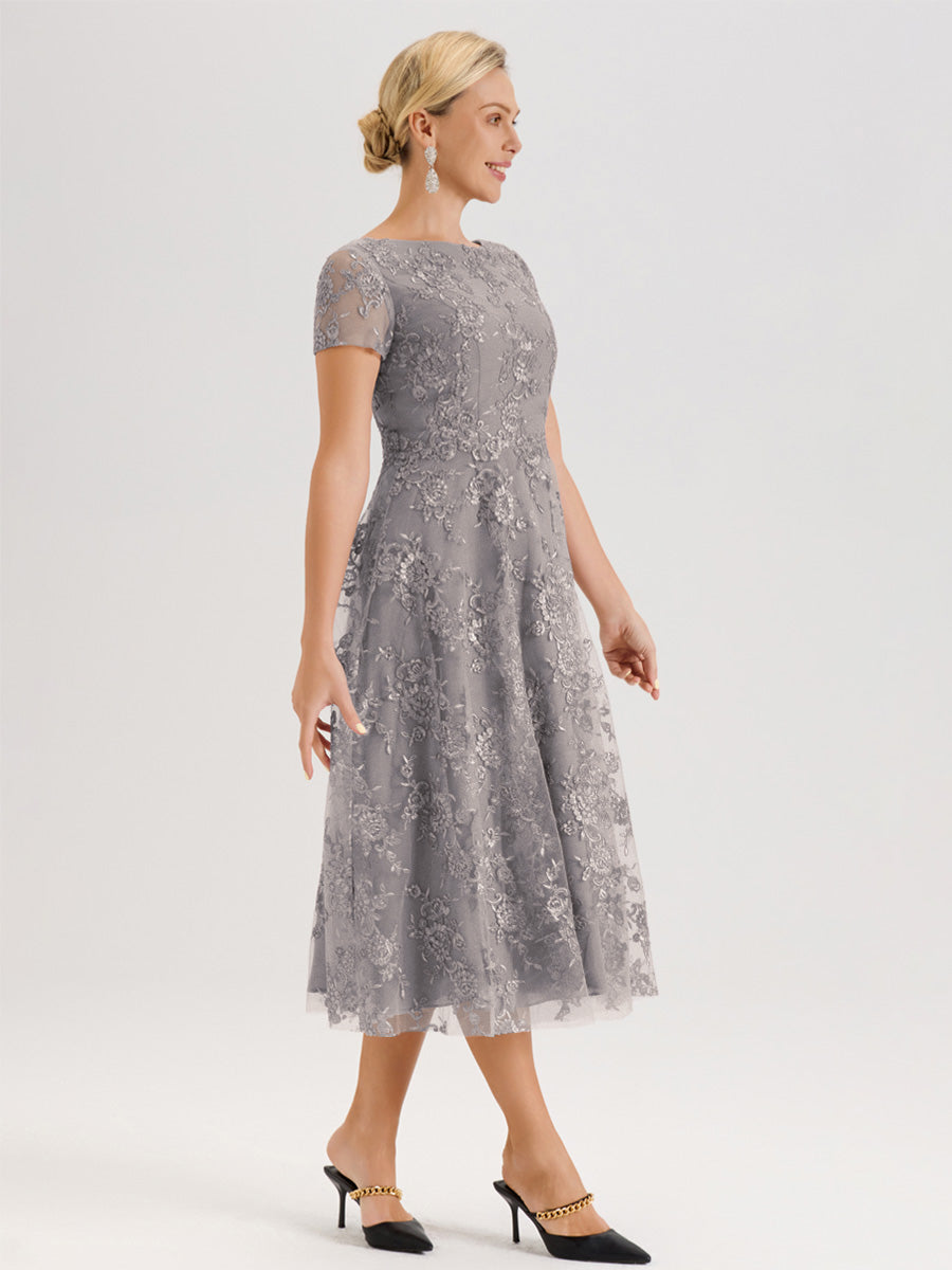 Cicinia Argent Robe Mère De La Mariée Col Ras Du Cou Manches Courtes En Mousseline Et Dentelle Longueur Mi-Mollet